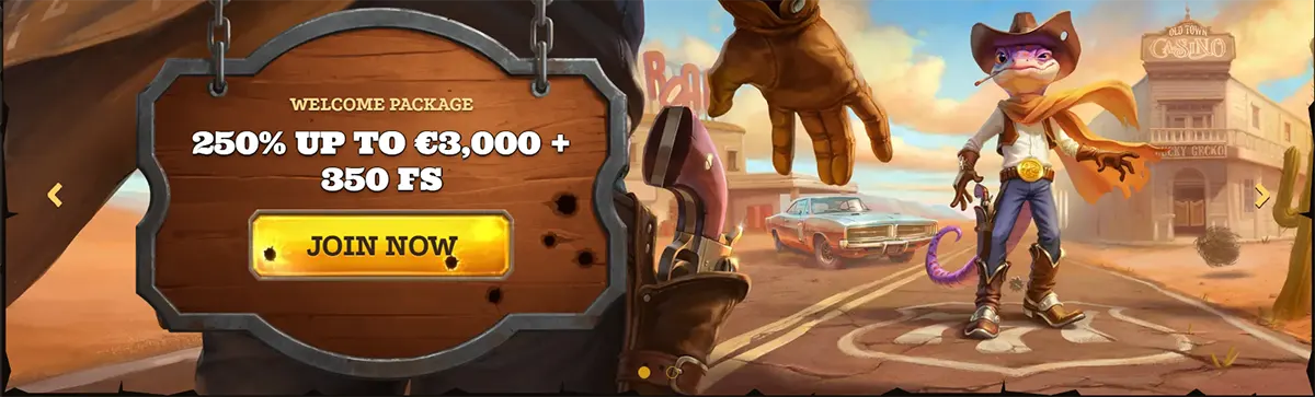 Wild West–themed welcome banner with a wooden sign reading “Welcome Package 250% up to €3,000 + 350 FS” and a “Join Now” button, beside a cartoon cowboy lizard character on a desert town street.