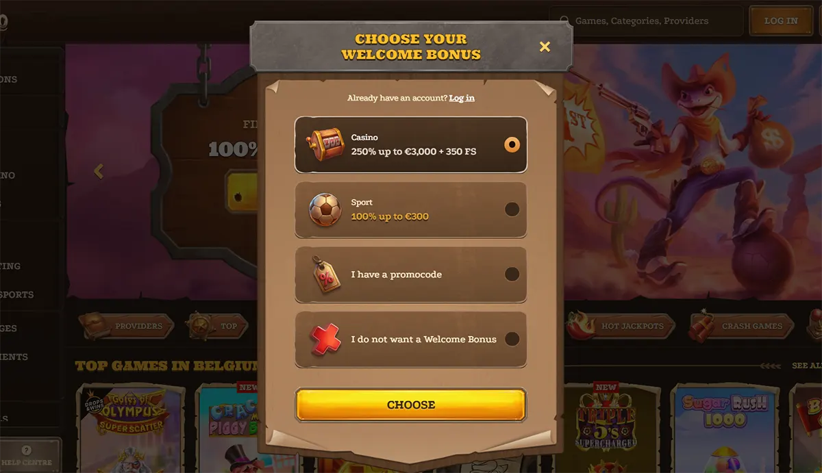 “Choose your Welcome Bonus” pop-up with options for Casino (250% up to €3,000 + 350 free spins), Sport (100% up to €300), enter a promo code, or decline the bonus, plus a large yellow “Choose” button over a blurred casino lobby background.